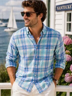 Vineyard Vines Linen Plaid Button Down Shirt Blue Green Classic Fit Tucked